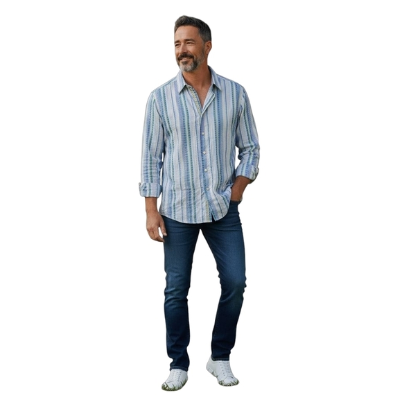 Robert Graham Button Up Shirt Mens L Light Blue Green Polka Dot Stripes Cotton - Picture 1 of 12